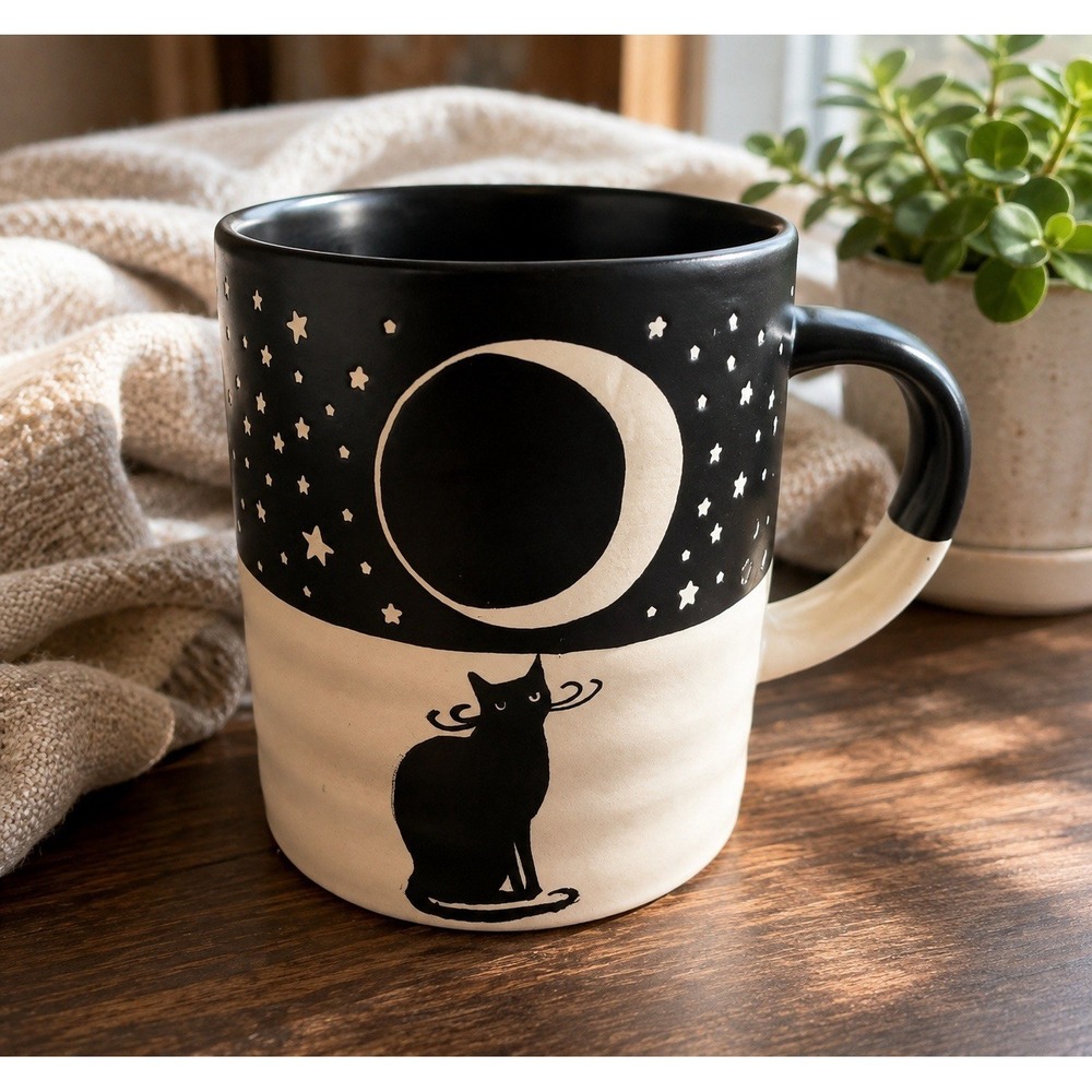 Primo Design Black Cat Mug Crescent Moon Stars Celestial Coffee Cup Whimsical